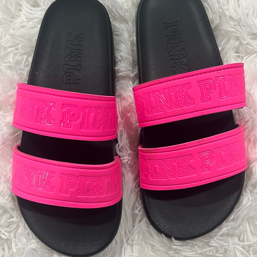 Victoria's Secret Pink and Black Slide Sandals